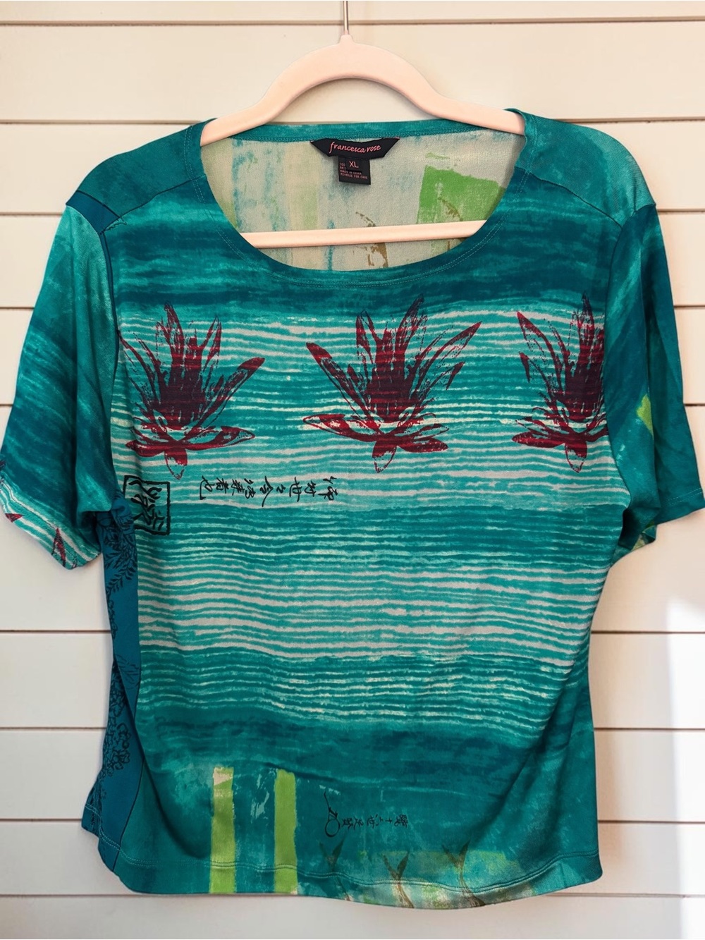 Francesca Rose Silk Top Teal Watercolor Lotus Print Short Sleeve Size XL